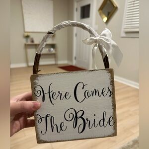 White 'Here Comes The Bride' Flower Girl Basket with Ribbon